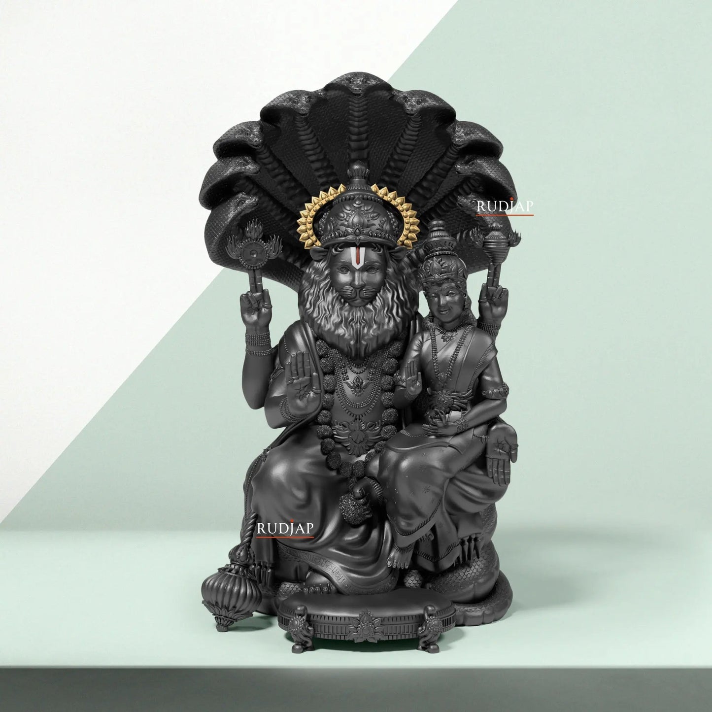 Narsingh Bhagwan with Goddess Lakshmi Statue – Pooja Gift Idol for Temple & Home Decor murti 3 Inch RUDJAP